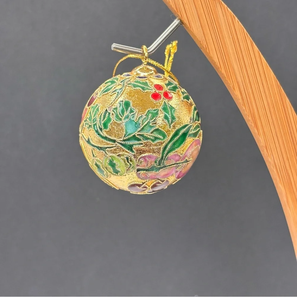 Vintage GANZ Cloisonné Metal Enamel Gold Christmas Ornament Floral Fruit 2 In